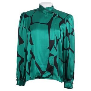 VINTAGE 80s Nolan Miller Dynasty Collection Blouse 10 Green Silk Satin Ruffle
